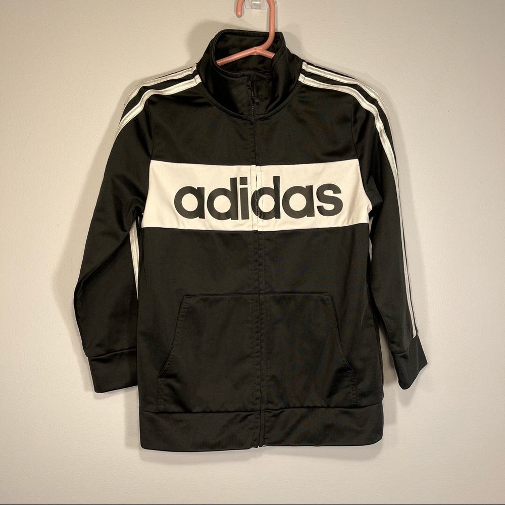 Adidas Jacket Youth 7 Black White Spell Out Mock Neck Full Zip Track Coat Casual